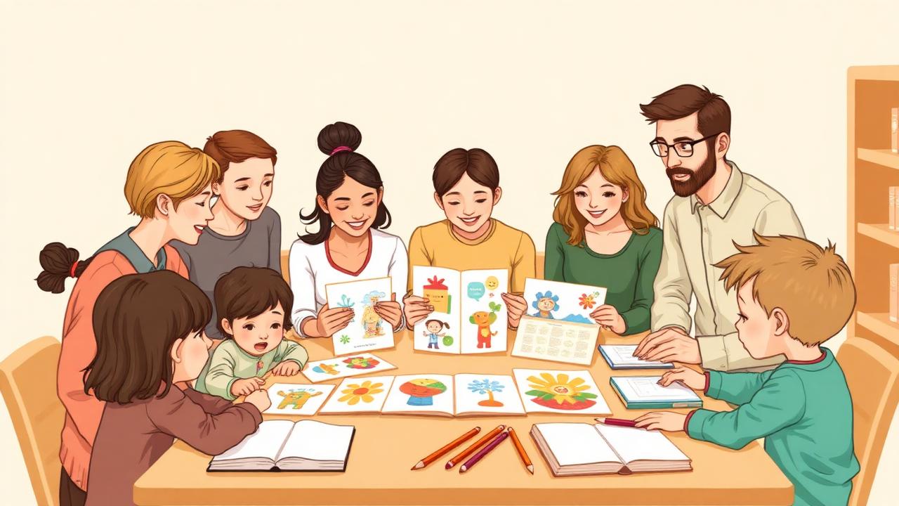 Illustration of editors and advisors reviewing kid-friendly storybooks and worksheets